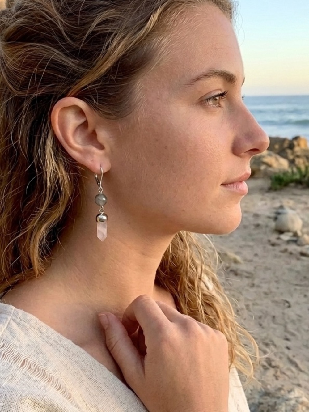Genuine Labradorite & Rose Quartz Crystal Earrings in Sterling Silver